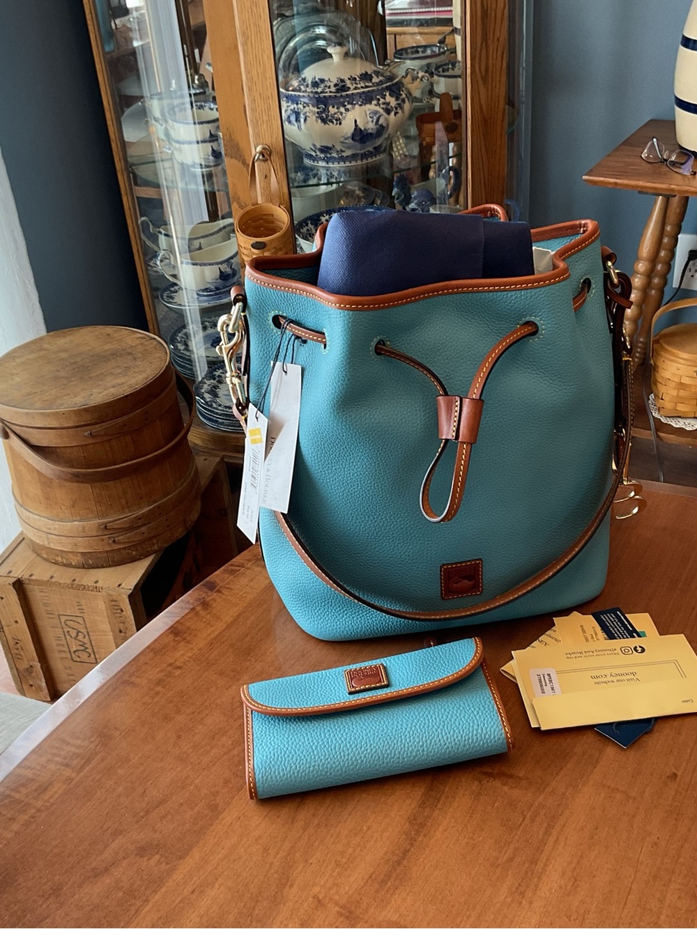 Dooney & Bourke Sky Blue pebble Drawstring Bucket Bag with Matching Wallet